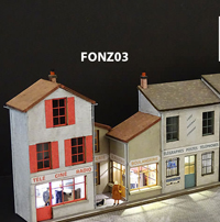 FONZ03 Fond de décor en relief 3 maisons avec poste